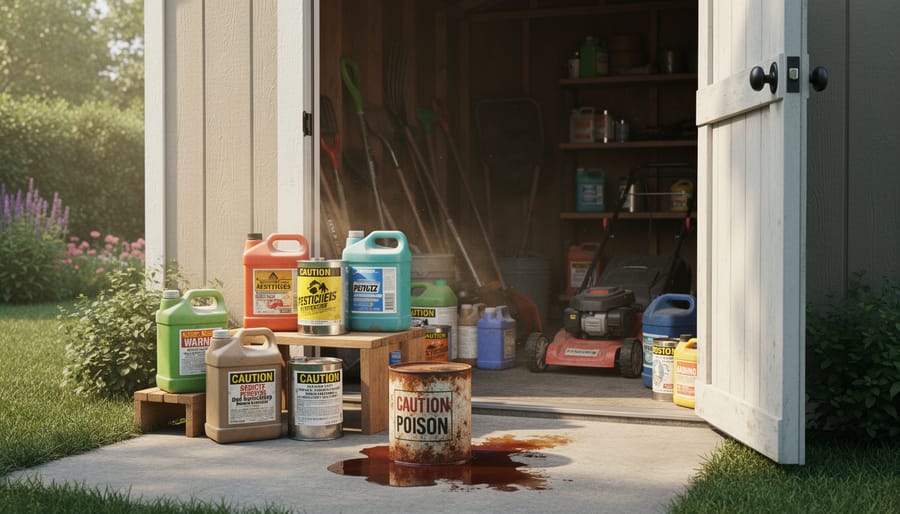 Interior of typical garden shed with various chemical containers stored on wooden shelves