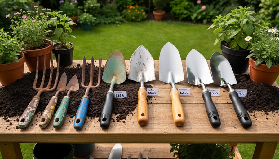 Assortment of garden hand tools and accessories laid out on wooden potting bench