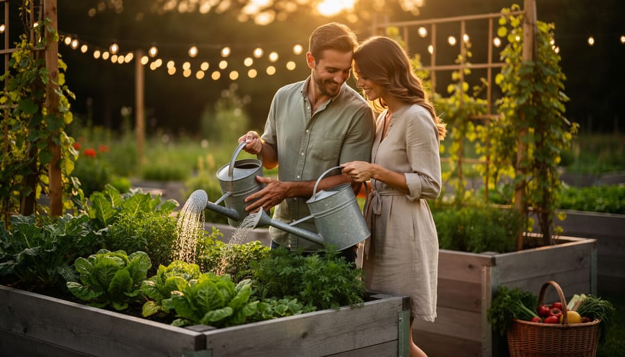 Adult couple watering raised vegetable and herb beds together at sunset, one with a metal watering can and the other with a hose, golden hour side light, soft bokeh string lights, trellis vines, and a harvest basket in the background.