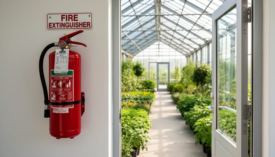 Fire extinguisher mounted on wall inside greenhouse for emergency access