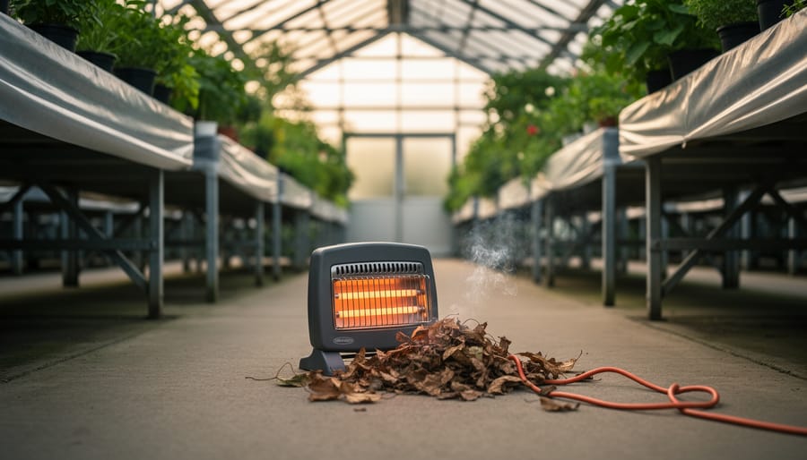 Eye-level view inside a greenhouse showing an electric space heater near a pile of dry leaves and a frayed orange extension cord, with faint smoke and blurred benches and plastic sheeting in the background.