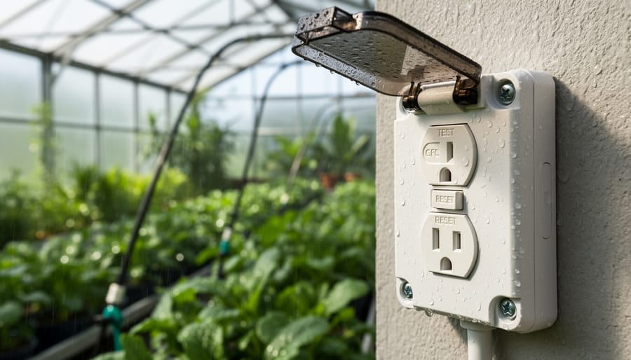 GFCI electrical outlet mounted in greenhouse with moisture visible nearby