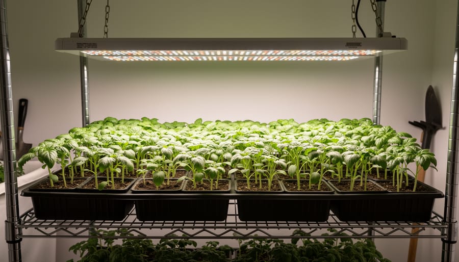 LED grow light positioned close above healthy seedlings with vibrant green leaves