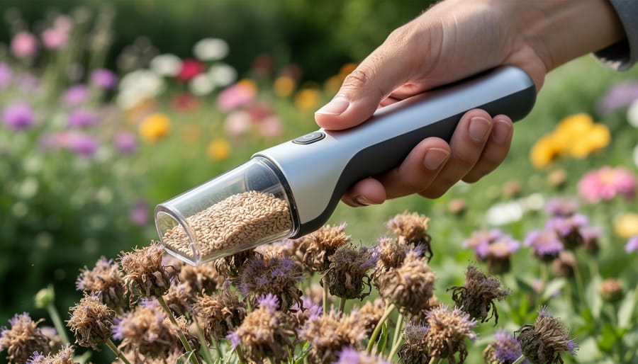 Gardener using handheld seed harvester tool to collect seeds from dried sunflower