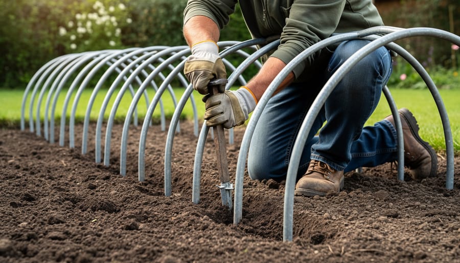 Person installing curved PVC hoop into ground with rebar stakes during hoop house construction
