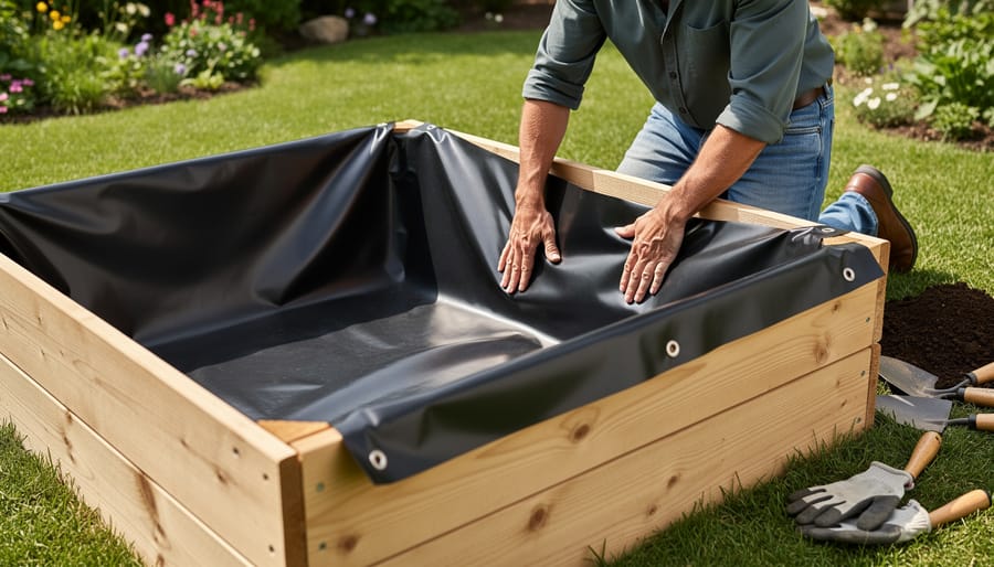 Person installing waterproof liner into wooden raised garden bed frame