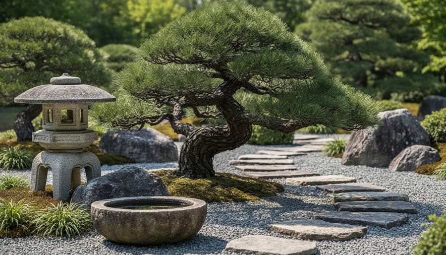 Drought-tolerant Japanese black pine tree next to stone lantern in water-wise garden