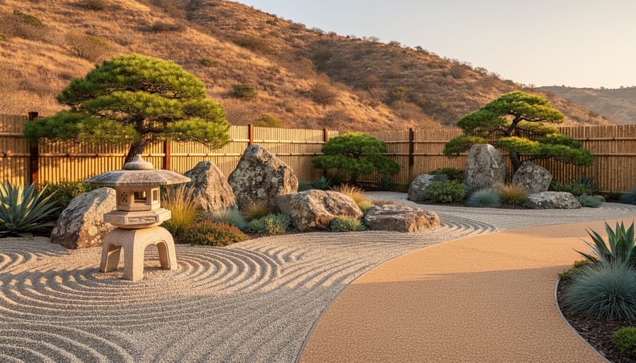 Drought-tolerant Japanese karesansui garden with raked gravel around boulders, a stone lantern, decomposed granite path, mugo pine and juniper, and drought-hardy grasses and succulents, lit by warm golden-hour sunlight with a bamboo fence and dry hillside in the background.