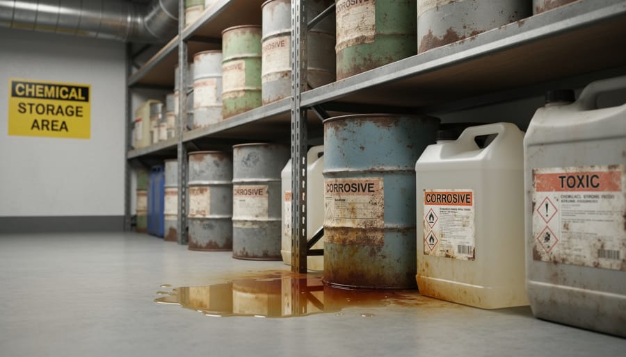 Corroded chemical container with visible leak and rust stains on storage shelf