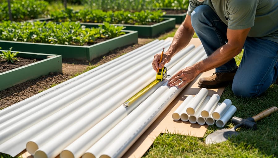 Overhead view of hands measuring PVC pipes with materials laid out for hoop house construction