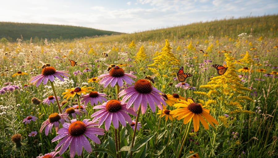 Colorful native wildflower meadow with purple coneflowers and black-eyed susans with pollinators