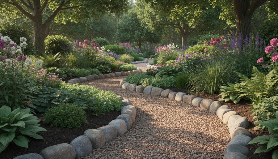 Curved natural stone edging in woodland garden with ferns and shade plants