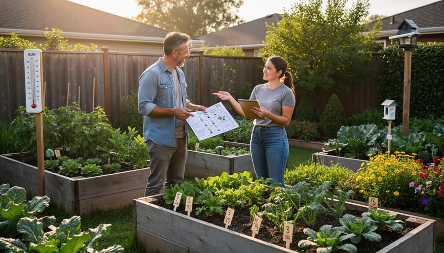 Two gardeners having a conversation over fence between their vegetable gardens