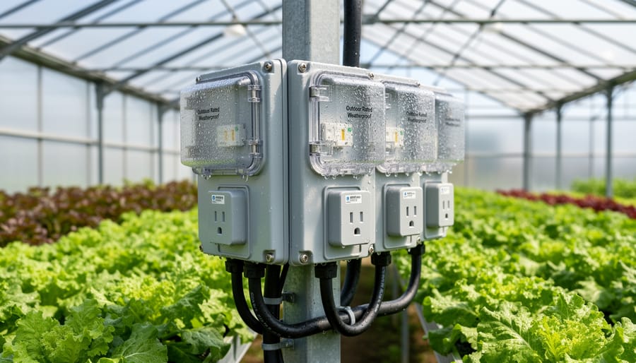 Weatherproof outdoor-rated electrical junction box mounted in greenhouse