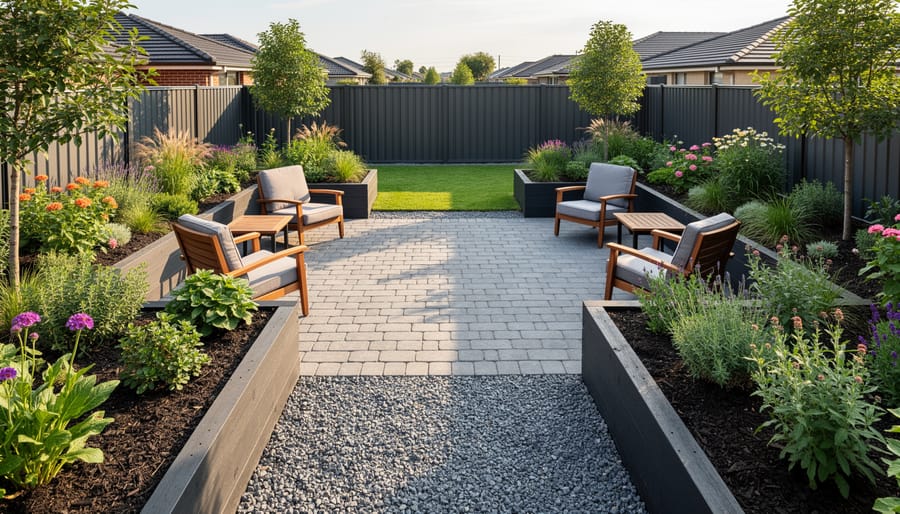 Modern backyard with permeable paver patio and mulched garden beds replacing traditional lawn