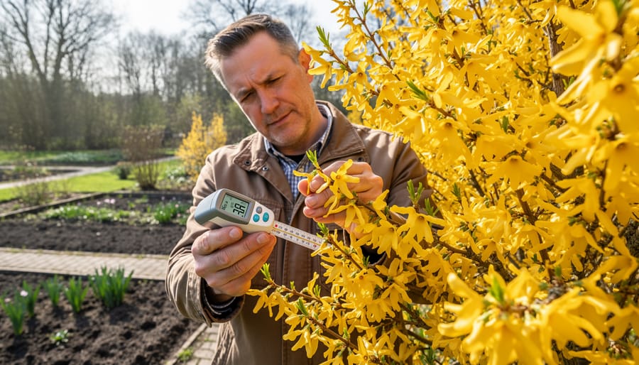 Garden thermometer next to blooming yellow forsythia flowers in spring garden