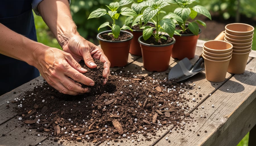 Close-up of gardener's hands holding dark potting soil showing texture and composition