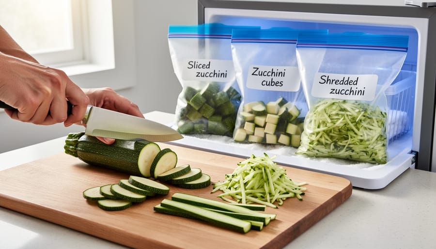 Overhead view of sliced and shredded zucchini prepared for freezing on baking sheet