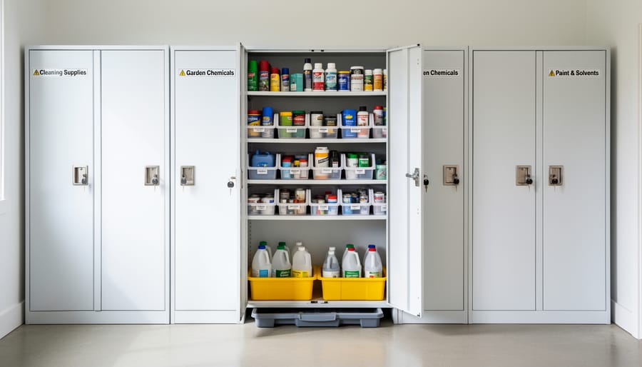 Organized locked cabinet with properly stored garden chemicals on containment trays