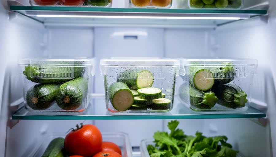 Zucchini being placed in glass storage container with paper towel for refrigeration