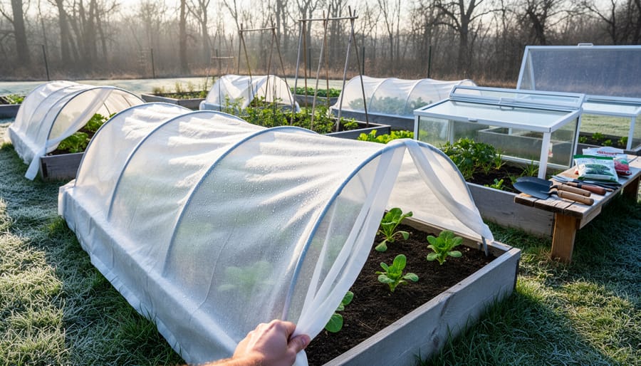 Frost-covered row cover fabric protecting young seedlings in early morning garden