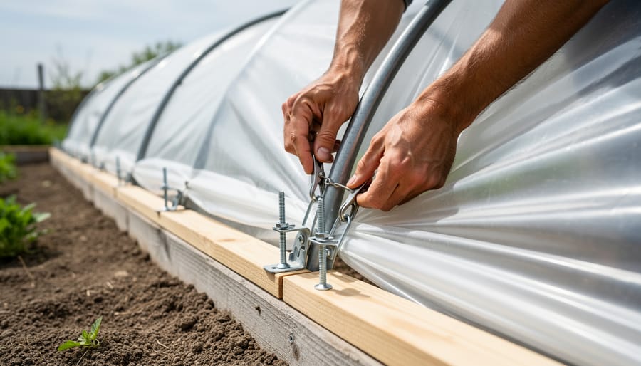 Close-up of hands attaching greenhouse plastic to PVC frame with metal clips