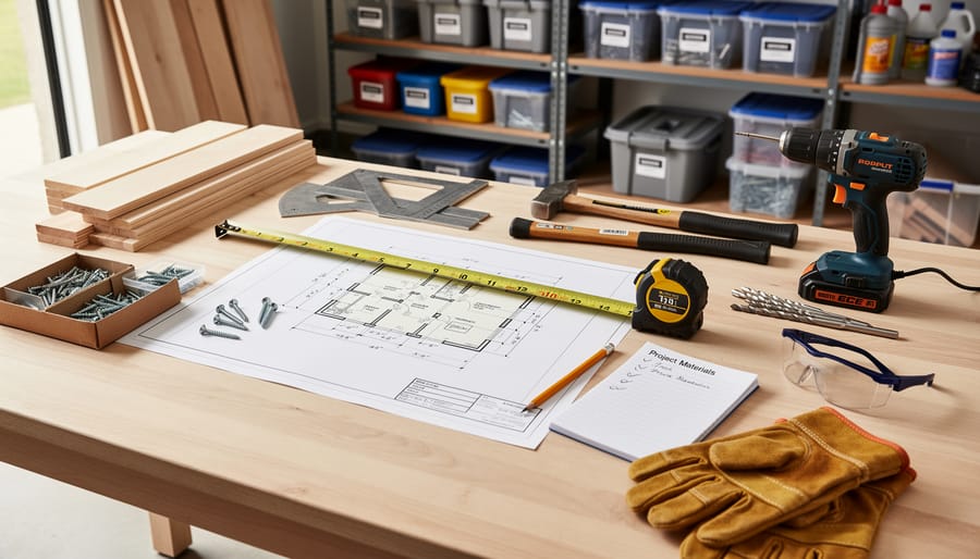 Overhead view of seed starting materials including trays, lights, timer, and tools organized on workbench