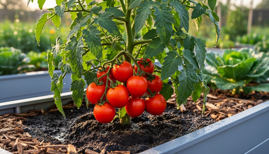 Healthy tomato plants with ripe red fruit growing abundantly in wicking bed system