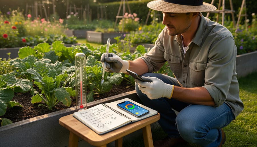 Gardener using smartphone and notebook to record microclimate observations in vegetable garden