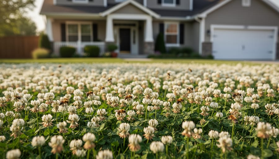 Dense white clover lawn with small white flowers covering the ground