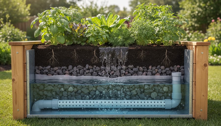 Side view cross-section of wicking bed showing layers of gravel reservoir, fabric, and soil with growing plants