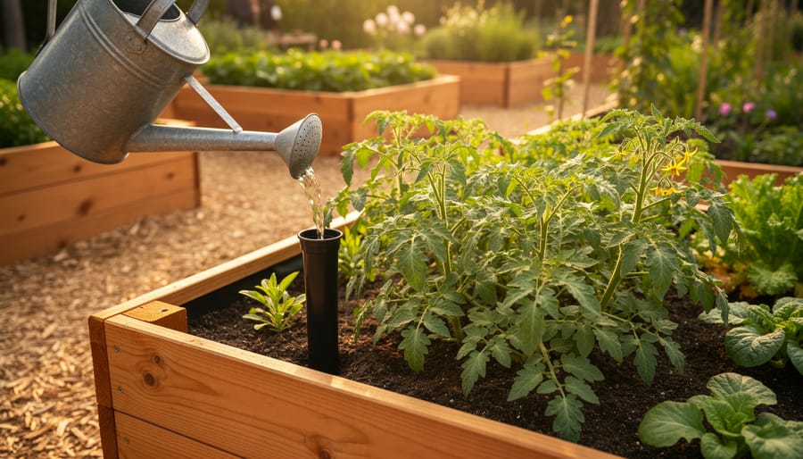 Watering can pouring into the fill tube of a raised wicking bed packed with leafy greens and tomato plants, with softly blurred garden beds and path in warm evening light