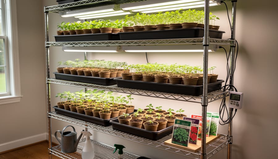 Multi-tier wire shelving unit converted to seed starting rack with LED grow lights and seedling trays