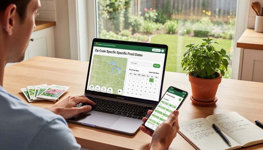 Gardener using smartphone to look up planting information with garden planning materials on wooden table