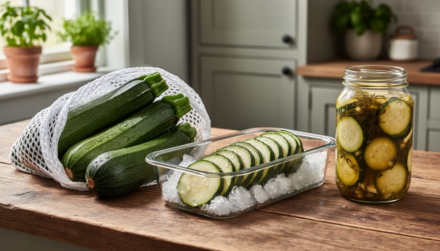 Small whole zucchinis in a perforated produce bag on a wooden counter next to a clear container of blanched frozen slices and a jar of pickled zucchini, softly lit with a blurred kitchen background.