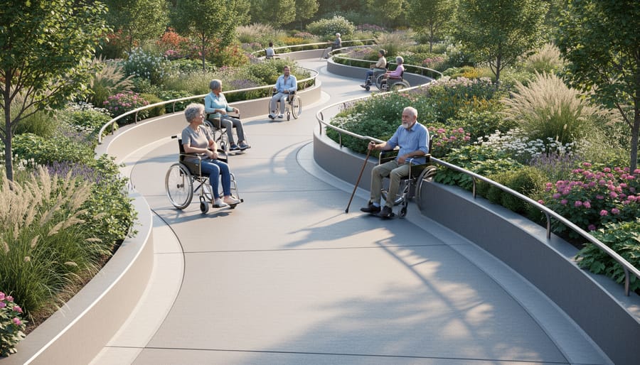 Person in wheelchair traveling along wide accessible concrete paver pathway between raised garden beds