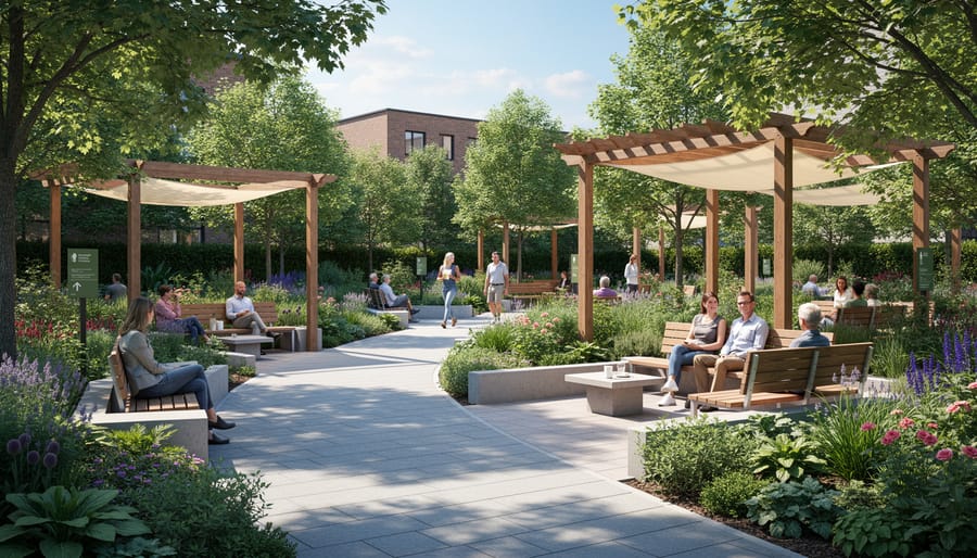 Wooden bench with armrests in shaded garden arbor with flowering vines and accessible pathway