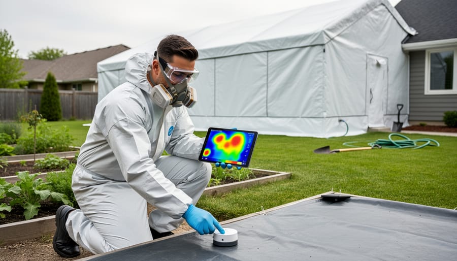 Pest control technician in protective gear places a wireless gas sensor near tarped garden beds while checking a tablet’s color heat map, with a suburban home wrapped in a white fumigation tent and blurred garden tools in the background.