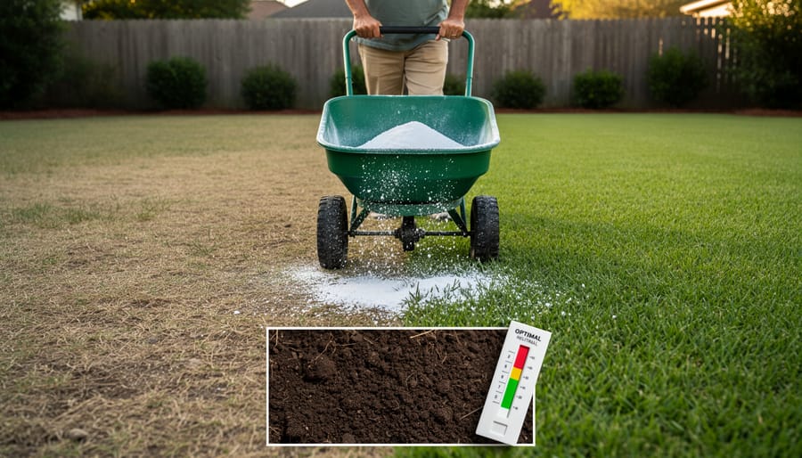Close-up of hands applying pelletized lime to soil for pH adjustment in zoysia lawn