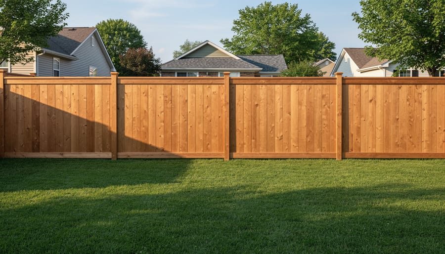 Six-foot tall wooden privacy fence in residential backyard with garden plantings
