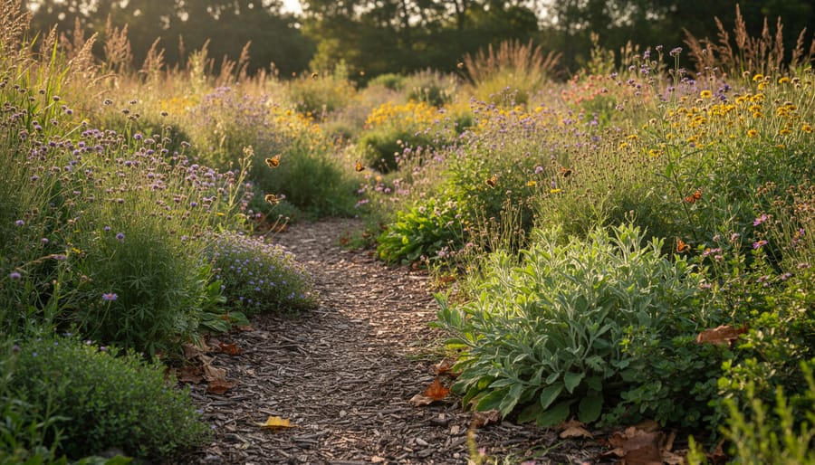 Beautiful native plant garden border with purple asters, black-eyed susans, and ornamental grasses