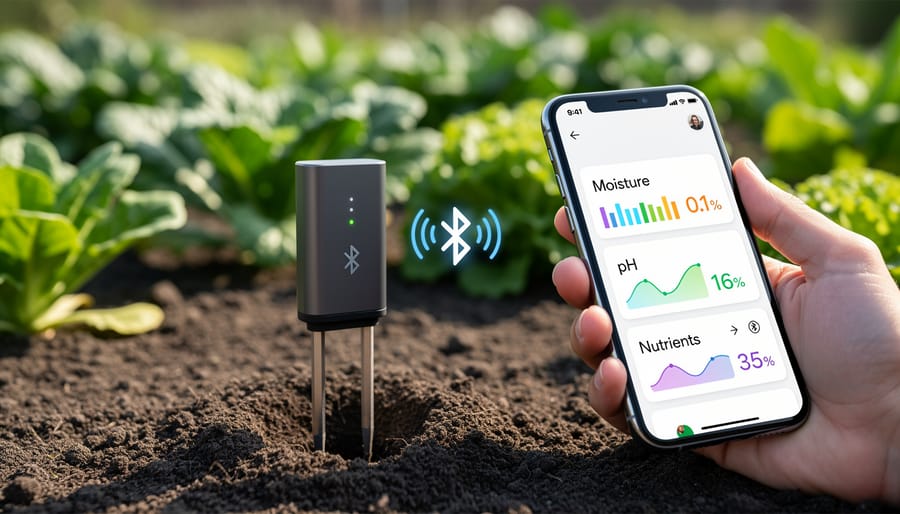 Digital soil monitoring probe inserted in garden soil next to tomato plant