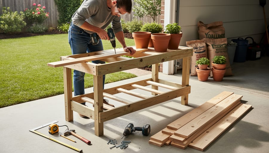 Hands using drill to assemble wooden potting bench frame with lumber and tools nearby