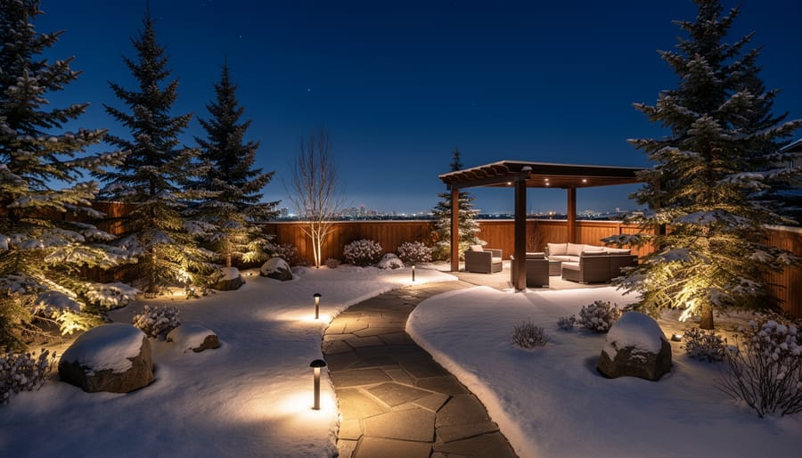 Luxury Calgary garden illuminated with professional landscape lighting at dusk