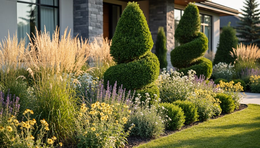 Elegant planting design featuring native prairie plants and specimen evergreen tree in Calgary garden