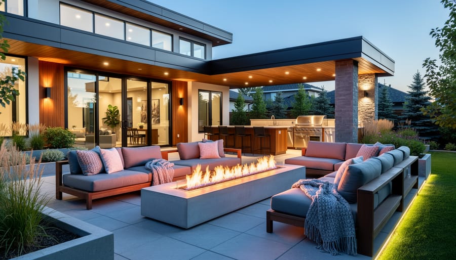 Luxury outdoor living room with contemporary fireplace and comfortable seating in Calgary backyard