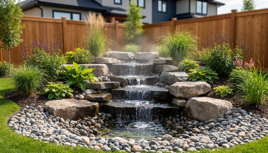 Natural stone pondless waterfall surrounded by native prairie plants in luxury Calgary garden