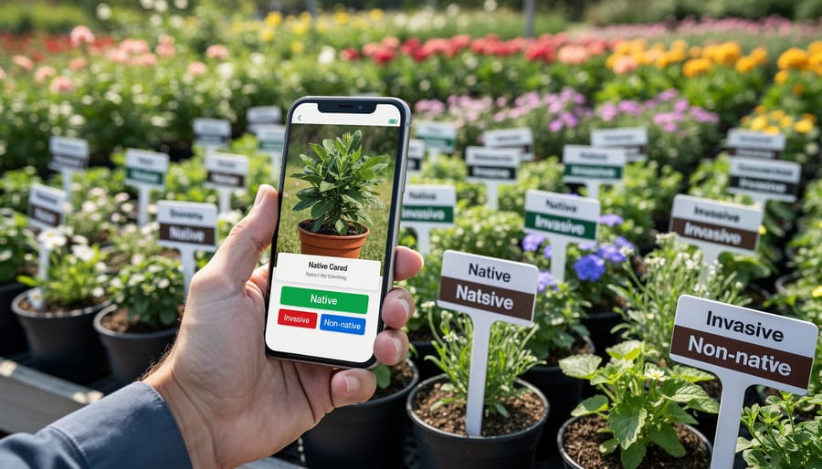 Gardener using smartphone plant identification app while checking nursery plant tag