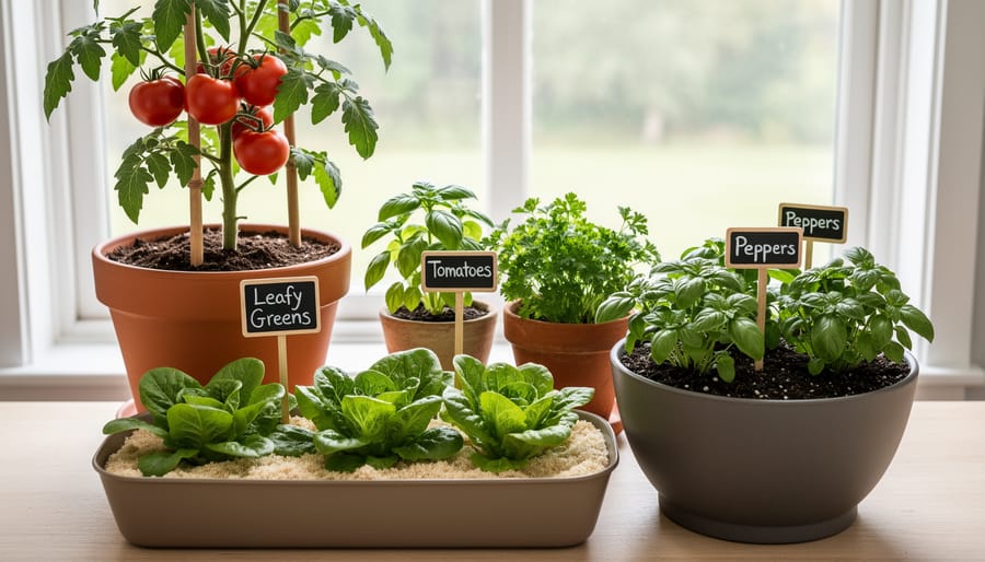 Overhead view of three different sized containers with various indoor vegetables growing in potting mix