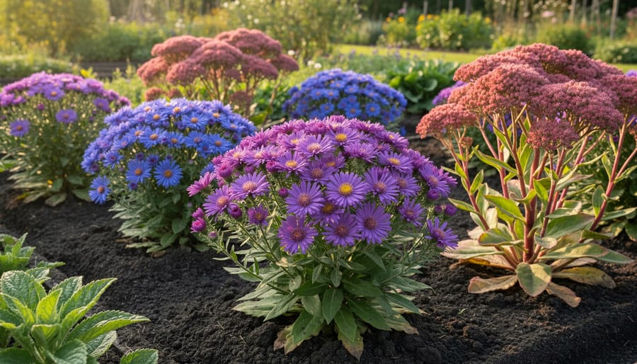 Purple asters and yellow sedum flowers blooming in late summer garden